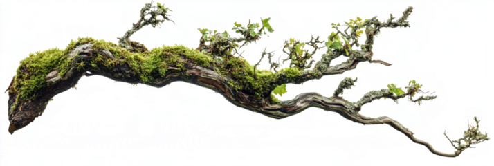 weathered tree branch, covered in patches of vibrant green moss, isolated on transparent background.