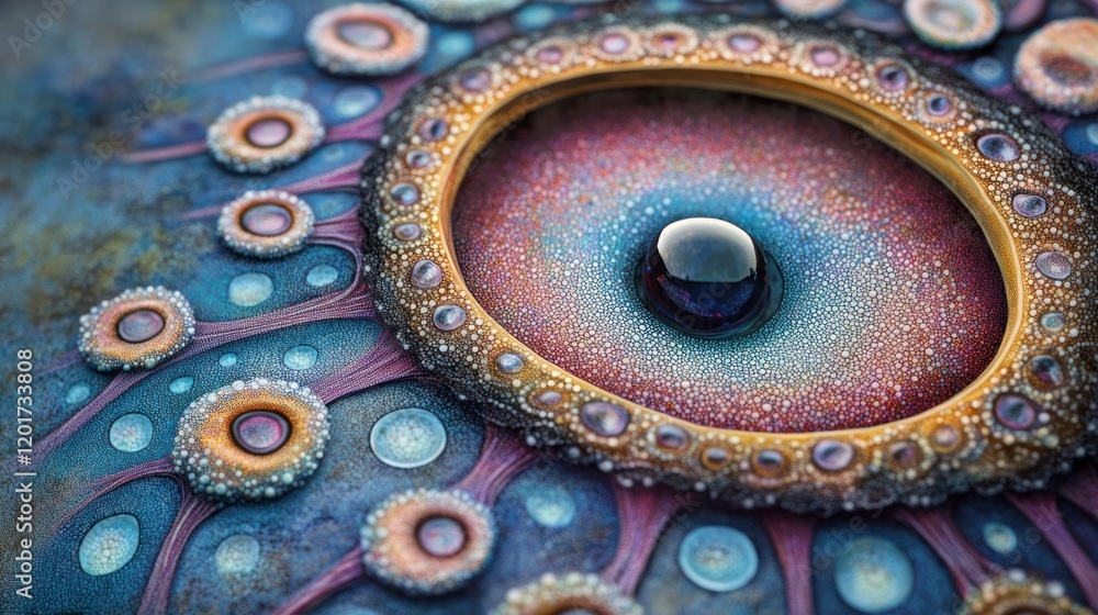 Poster intricate biomorphic design with central eye-like structure and concentric rings in vibrant hues