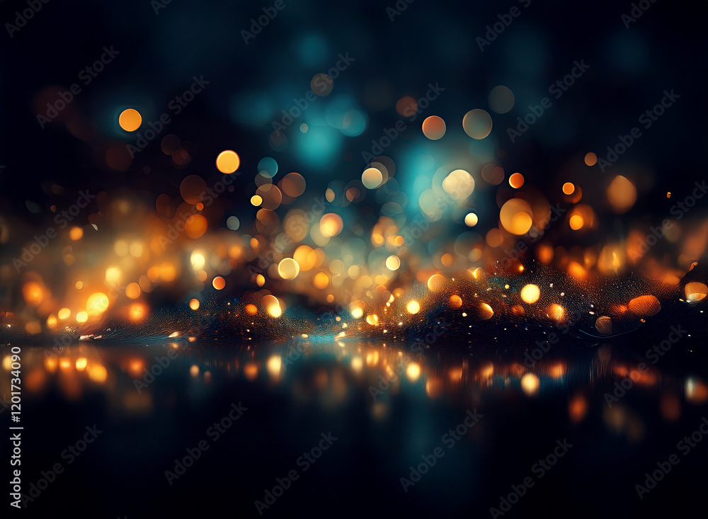 Poster Abstract background image featuring a bokeh effect with warm and cool lights.  The lights create a sparkling, shimmering effect, reflected on a dark surface.