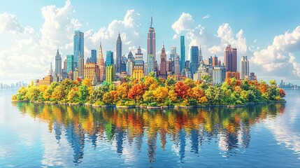 Obraz premium Autumnal cityscape reflected in calm water.