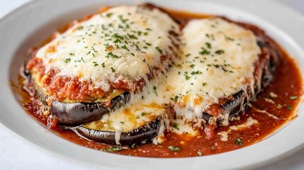 Serving of eggplant Parmesan baked layers of marinara sauce mozzarella and Parmesan