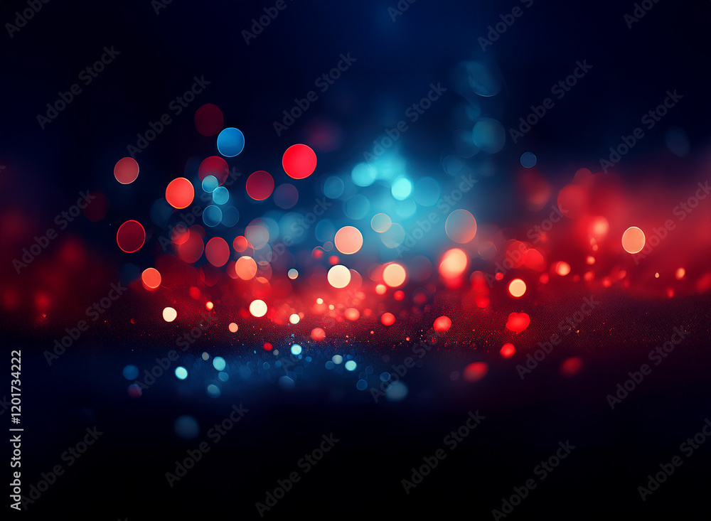 Aufkleber Abstract background with red and blue bokeh lights, creating a vibrant, sparkling effect.  The dark tones provide a dramatic contrast to the bright, out-of-focus lights.
