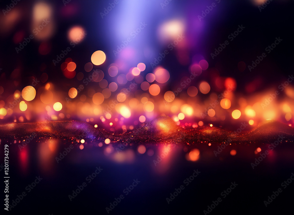 Poster Abstract background of vibrant bokeh lights.  A dark, moody scene with glowing, out-of-focus lights creating a sparkling, reflective surface.