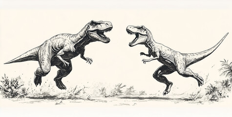Fototapeta premium Black and white line drawing of two dinosaurs running towards each other. 