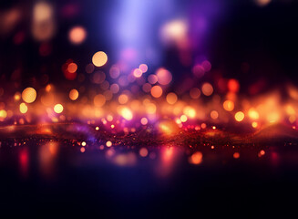 Fototapeta premium Abstract background of vibrant bokeh lights. A dark, moody scene with glowing, out-of-focus lights creating a sparkling, reflective surface.