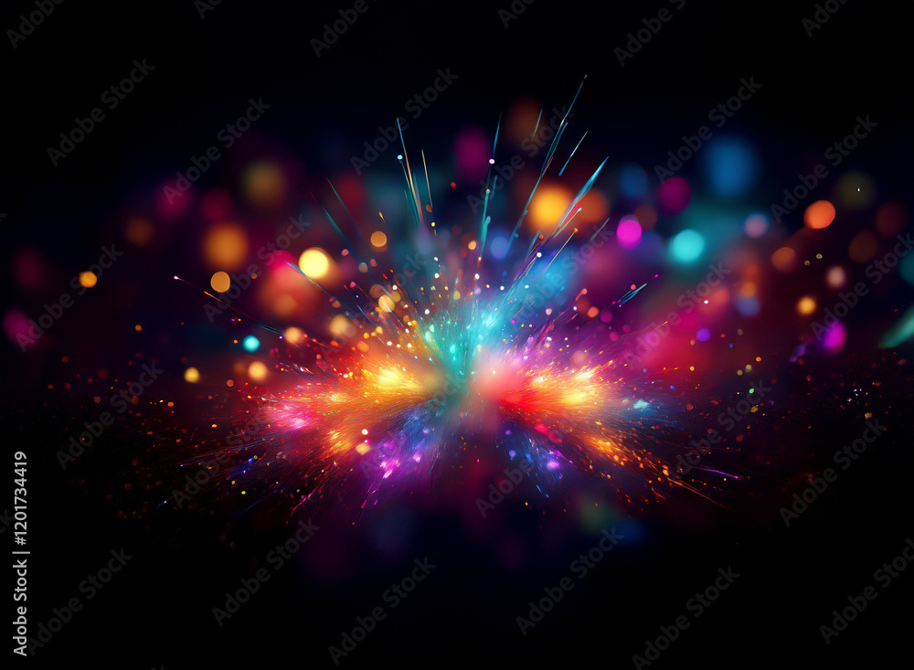 Poster Abstract background of vibrant, colorful lights exploding with bokeh effect. A dazzling display of multicolored sparkles against a dark backdrop.