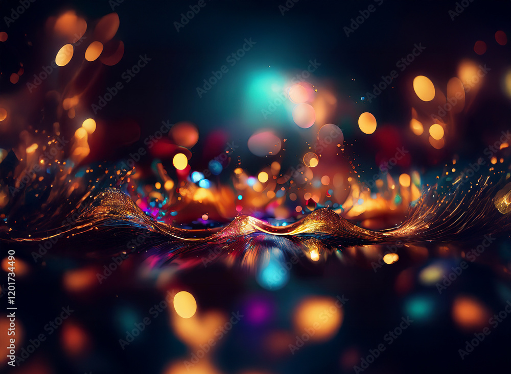 Poster Abstract background image featuring vibrant bokeh lights and swirling, colorful particles.  The dark background contrasts with the bright, dynamic lights creating a sense of depth and movement.