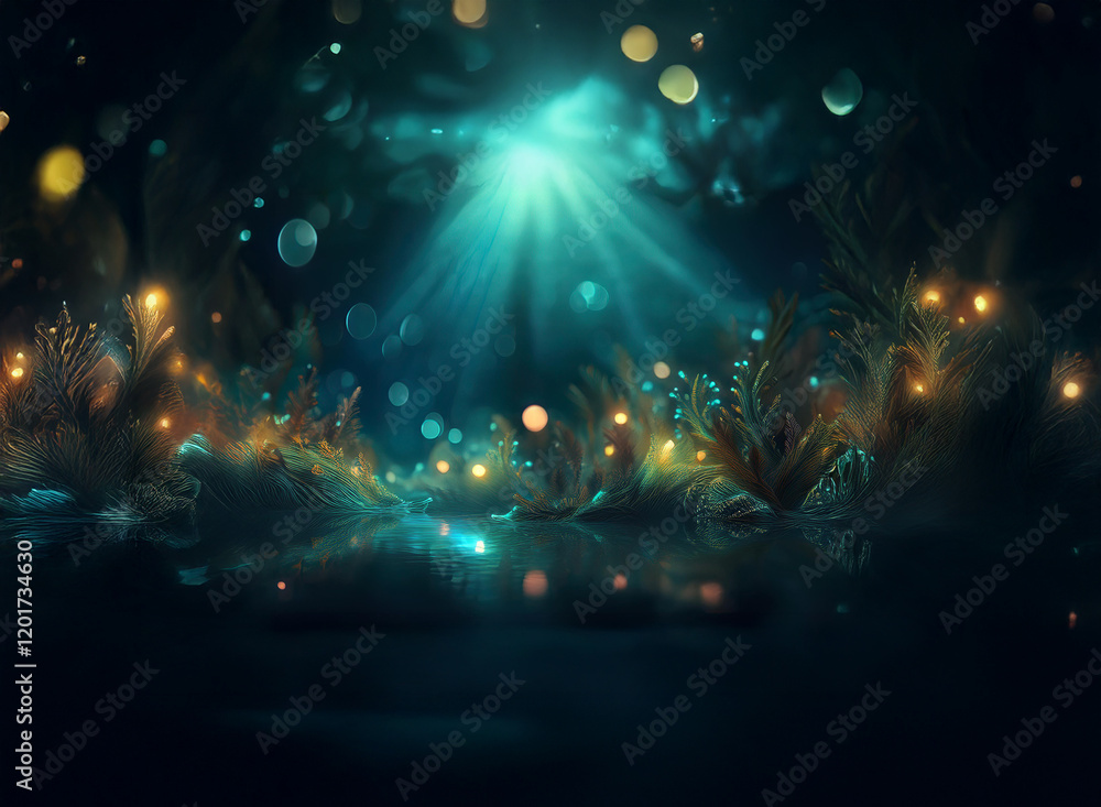 Poster abstract dark background with bokeh lights, glowing plants, and a magical, dreamy atmosphere. reflec
