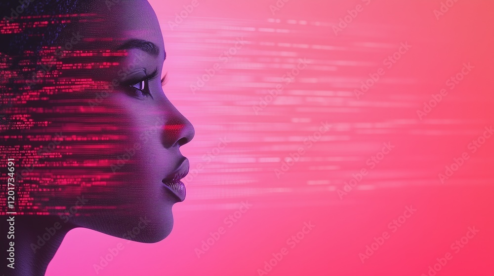 Poster woman with a futuristic digital effect of red data lines streaming across her face, set against a gr
