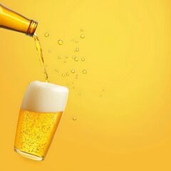 An illustration of beer being poured from a bottle into a glass, with emphasis on the golden color and bubbles