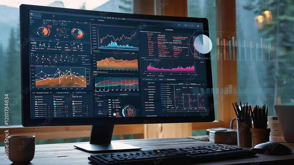 Poster complex financial data and market trends are visualized on a computer monitor, suggesting a focused 
