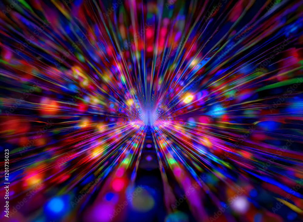 Poster Abstract background image featuring a vibrant burst of colorful lights and bokeh effects, creating a dynamic and energetic visual. The radial streaks of light converge towards the center, producing a 