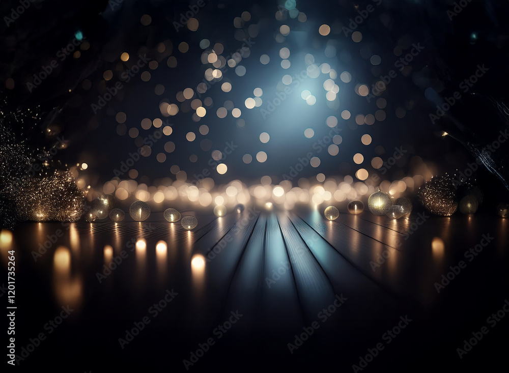 Fototapete Abstract background with bokeh lights.  A dark scene illuminated by warm and cool glowing orbs, creating a shimmering, magical effect on a reflective surface.