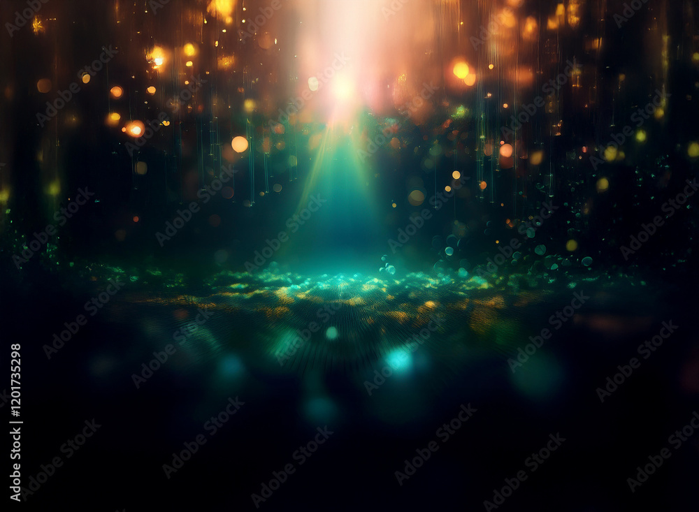 Poster Abstract background image featuring a bokeh effect with glittering lights.  A vibrant teal glow emanates from the lower center, surrounded by golden bokeh and dark shadows.
