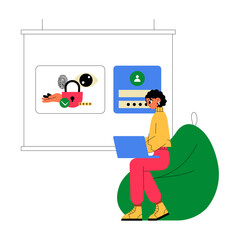 Woman On Bean Bag Using Laptop In Flat Vector Illustration Symbolizing Online Privacy And Cybersecurity Education, Isolated On White Background