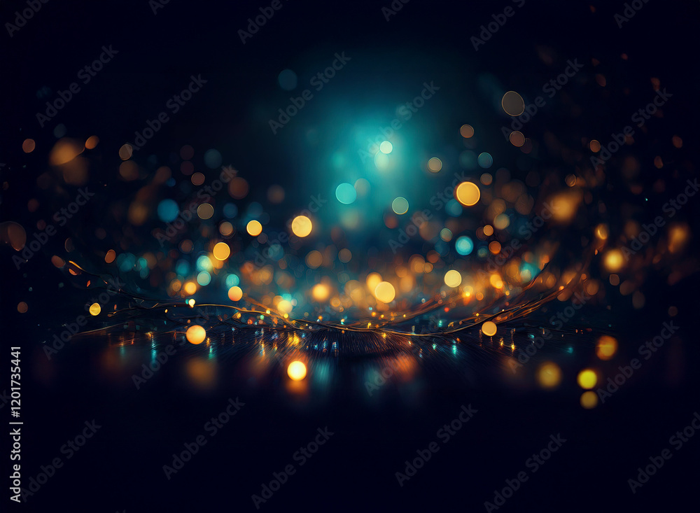 Poster Abstract background image featuring a bokeh effect.  Golden and teal lights create a sparkling, ethereal glow, swirling in a dark, mysterious space.