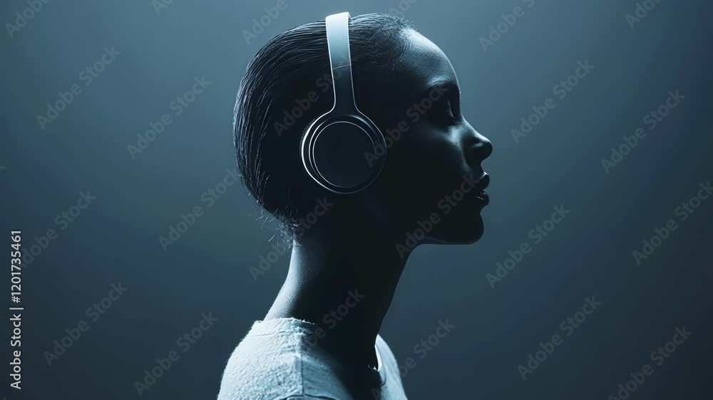 Poster a persons reflective expression while participating in an online discussion via headphones emphasizi