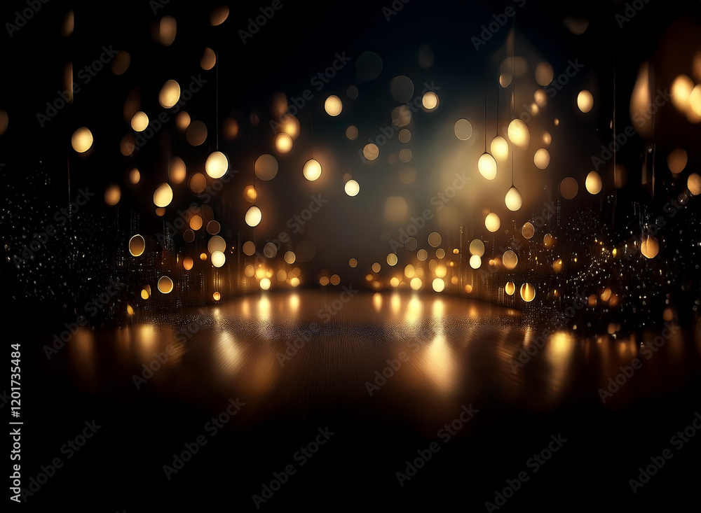 Aufkleber Abstract background with bokeh lights. Golden sparkles illuminate a dark, reflective surface, creating a luxurious and magical atmosphere.  The shimmering lights suggest depth and movement.