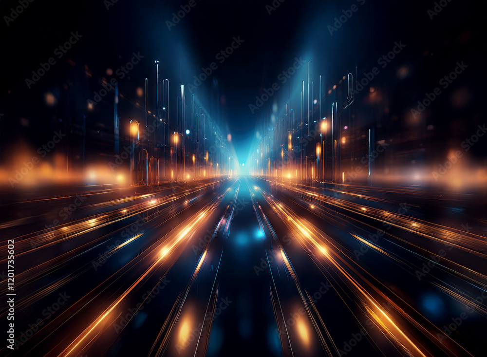 Poster abstract background image featuring a futuristic cityscape at night. bokeh lights streak along a hig