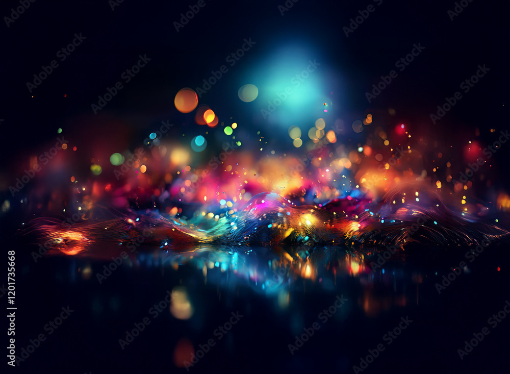 Poster Abstract background of colorful bokeh lights, creating a vibrant and energetic visual.  The lights reflect on a dark, shiny surface.