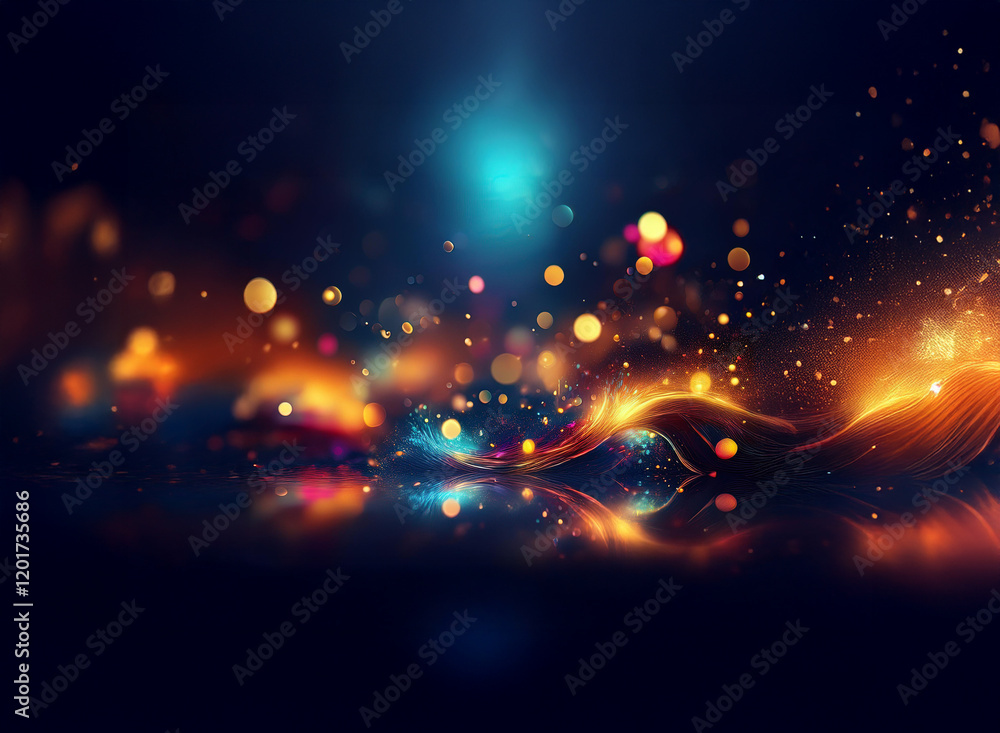 Poster Abstract background of colorful bokeh lights, glowing particles and wavy lines reflecting on a dark surface.  The vibrant colors create a magical, dreamy atmosphere.