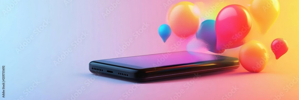 Aufkleber Bright chat bubbles emerge from a smartphone in a colorful display at a modern setting during daytime. Generative AI