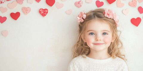 Lovely Little Girl with Curly Hair, Cheerful Smile, and Heart Shapes. Valentine's day, Love, Romantic, Family and Childhood Concepts