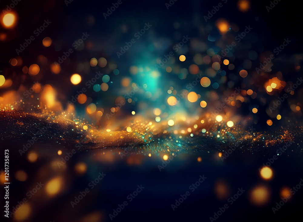 Aufkleber Abstract background image featuring bokeh lights.  Warm gold and cool teal lights sparkle, creating a dreamy, glittering effect.  The dark background enhances the luminescence.