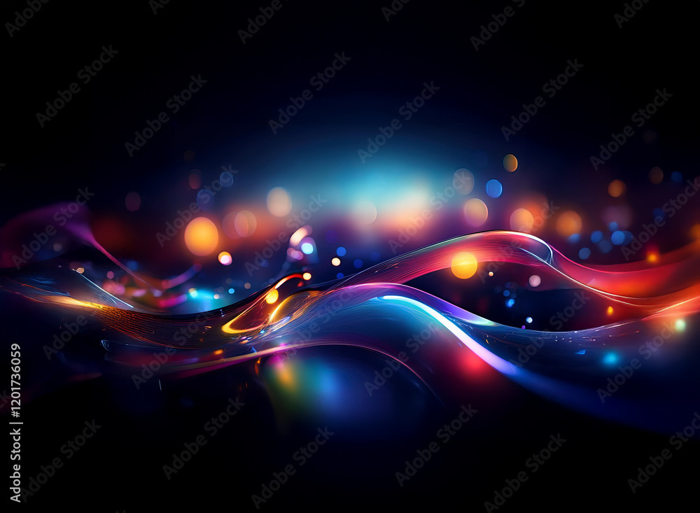 Poster Abstract background with vibrant, flowing lights and bokeh effects.  Dark, rich colors create a dynamic, energetic scene.