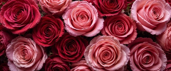 "A full-frame composition of roses in shades of red and pink, with velvety textures and soft lighting to emphasize their romantic and delicate nature. The image is perfect for conveying elegance 