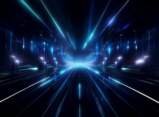 Abstract background of a futuristic highway at night.  Bokeh lights streak across the dark scene, creating a sense of speed and energy.