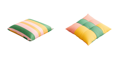 Colorful cushions with pastel stripes and patterns, perfect for home decor