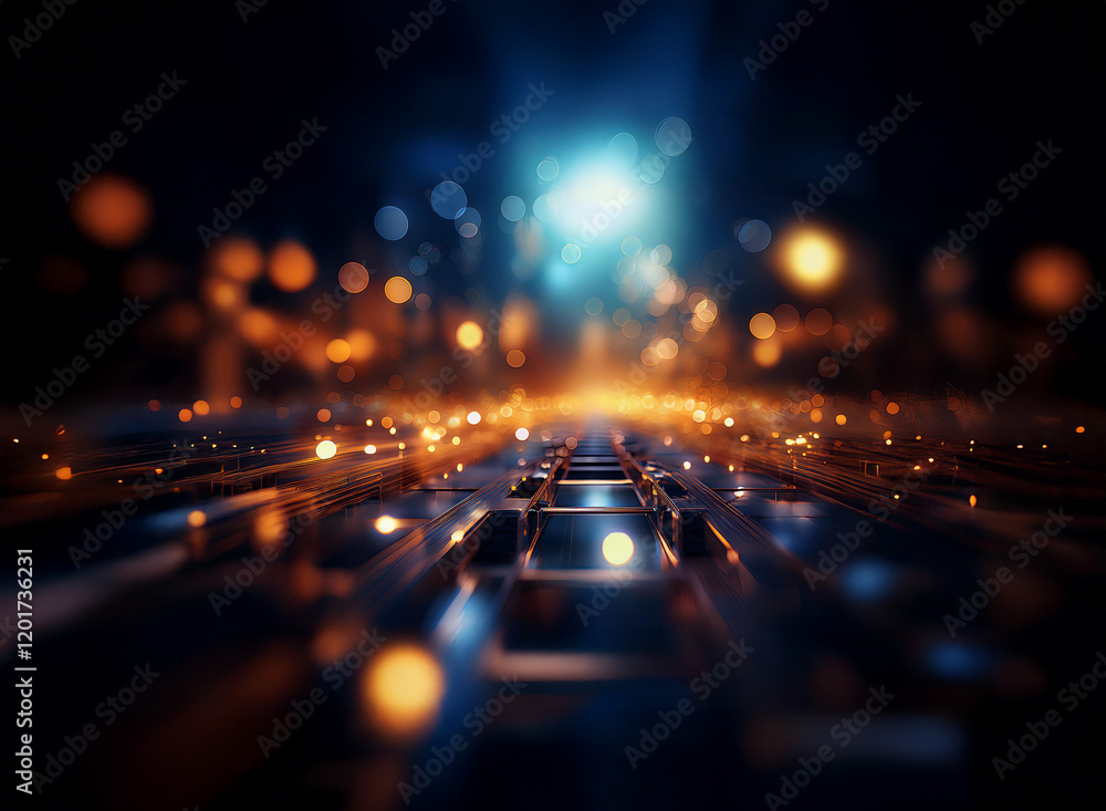 Leinwandbilder Abstract background image featuring a bokeh effect.  Warm and cool lights illuminate a dark, textured pathway, creating a futuristic feel.  The focus is on the central path, with glowing particles add
