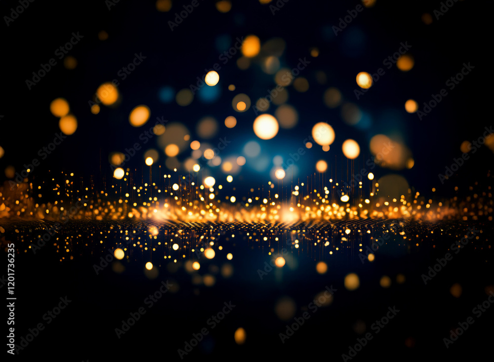 Poster abstract background with bokeh lights. golden and blue sparkles illuminate a dark, glittering surfac