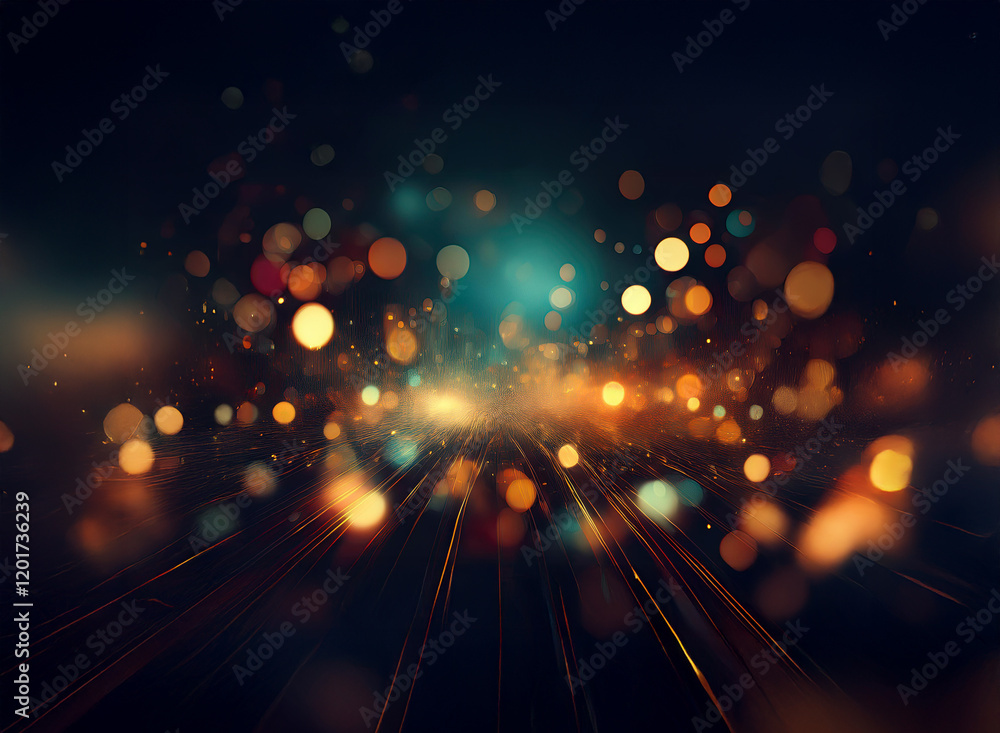 Poster Abstract background image featuring bokeh lights.  Warm and cool colors blend, creating a dynamic, glowing effect. Streaks of light converge towards a central point, suggesting movement and depth.
