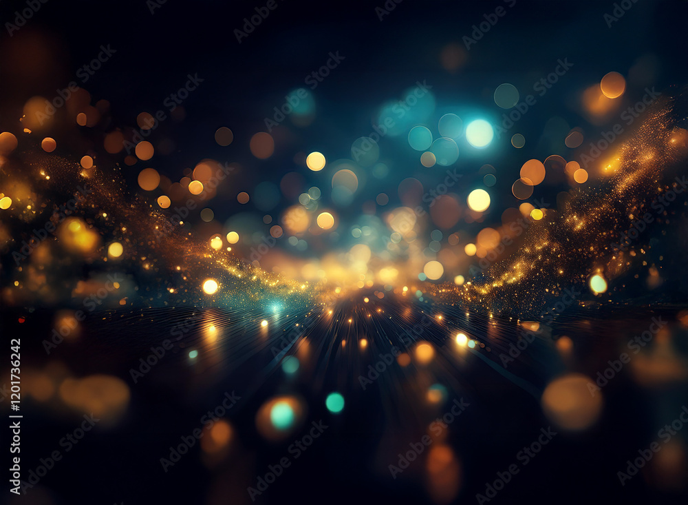 Poster abstract background image featuring bokeh lights. golden and teal glowing particles create a dynamic