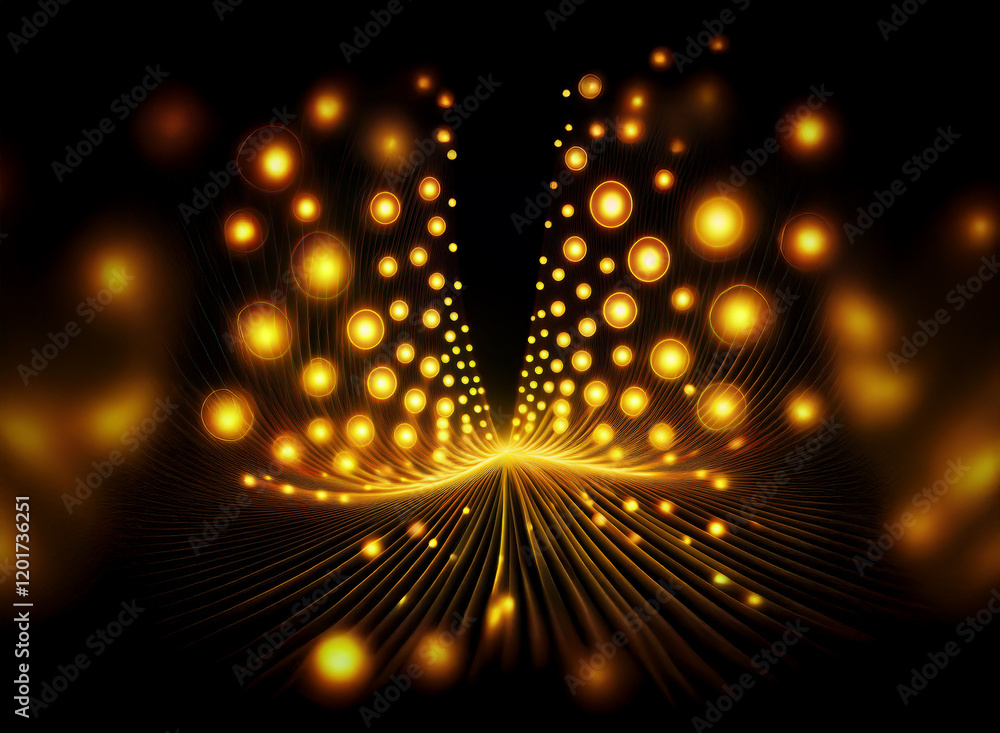 Poster Abstract background image featuring a mesmerizing display of golden bokeh lights, forming a radiant pathway that extends into the darkness.