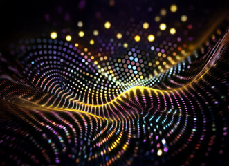 Abstract background of colorful bokeh lights forming undulating waves.  The vibrant dots create a dynamic, shimmering effect.