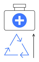 Medical kit with blue cross recycling symbol with arrows, upward arrow highlight sustainability themes. Ideal for healthcare, environment, sustainability, recycling, innovation, wellness, progress