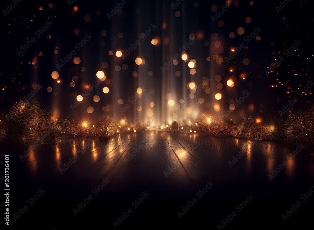 Aufkleber abstract background with bokeh lights. golden sparkles and glowing orbs illuminate a dark, reflectiv