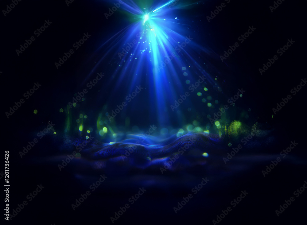 Poster abstract background image featuring a bright blue light source casting beams and bokeh effects onto 