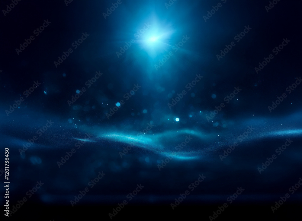 Poster Abstract background image featuring a bright, bokeh-filled starburst of lights emanating from above, casting a glow over dark, wavy surfaces below.