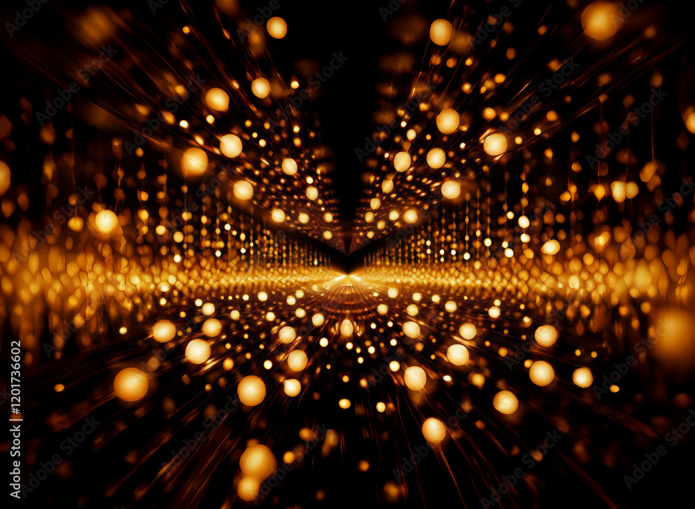 Poster abstract background of golden bokeh lights creating a tunnel effect. the shimmering lights form a da