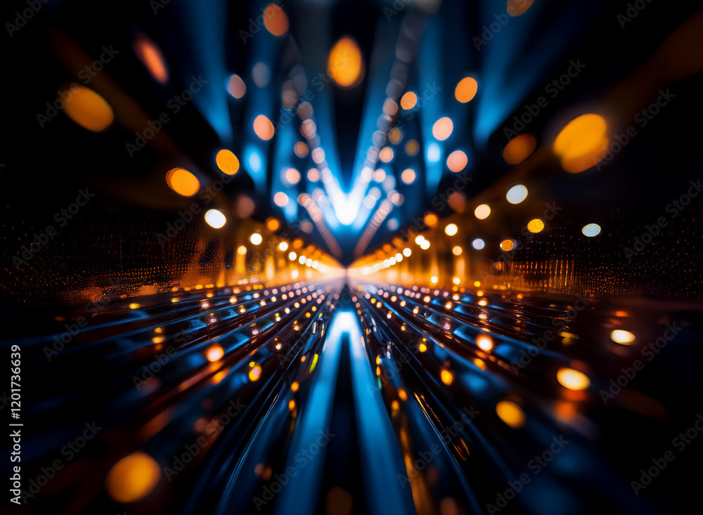 Poster Abstract background with bokeh lights creating a vibrant, dynamic tunnel effect.  Bright, colorful streaks of light converge at the vanishing point, suggesting movement and energy.