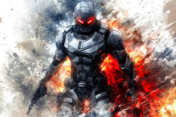 Fototapeta premium A futuristic, battle-ready character decked out in sleek, high-tech armor with glowing accents, wielding advanced weapons, set on a cyberpunk-style battlefield with dynamic energy.