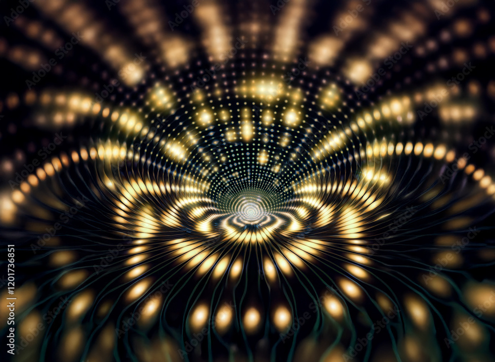 Poster Abstract background image featuring a mesmerizing bokeh effect.  Golden lights radiate from a central point, creating a tunnel-like illusion.  The pattern is intricate and symmetrical.