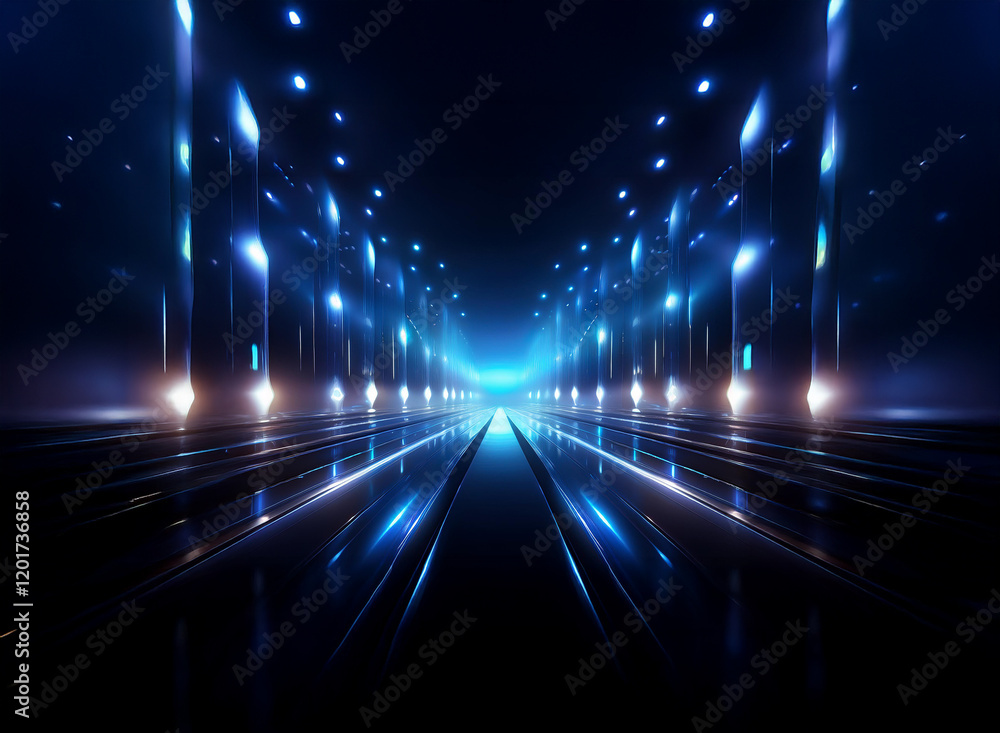 Aufkleber Abstract background image featuring a dark, futuristic scene with bokeh lights and glowing blue lines creating a perspective tunnel effect.