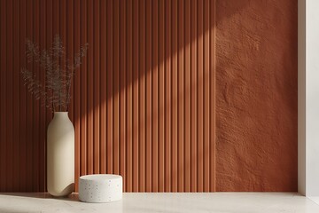 Minimalist interior design with terracotta wall and vase decor