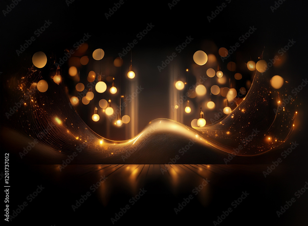 Poster Abstract background image featuring a dark scene illuminated by golden bokeh lights and shimmering particles.  A wave-like form adds depth and texture.