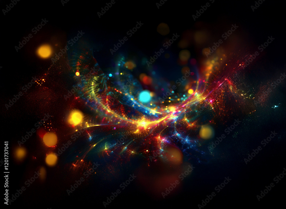 Poster Abstract background image featuring vibrant, colorful lights and bokeh effects.  Swirling patterns create a dynamic and energetic composition in dark space.